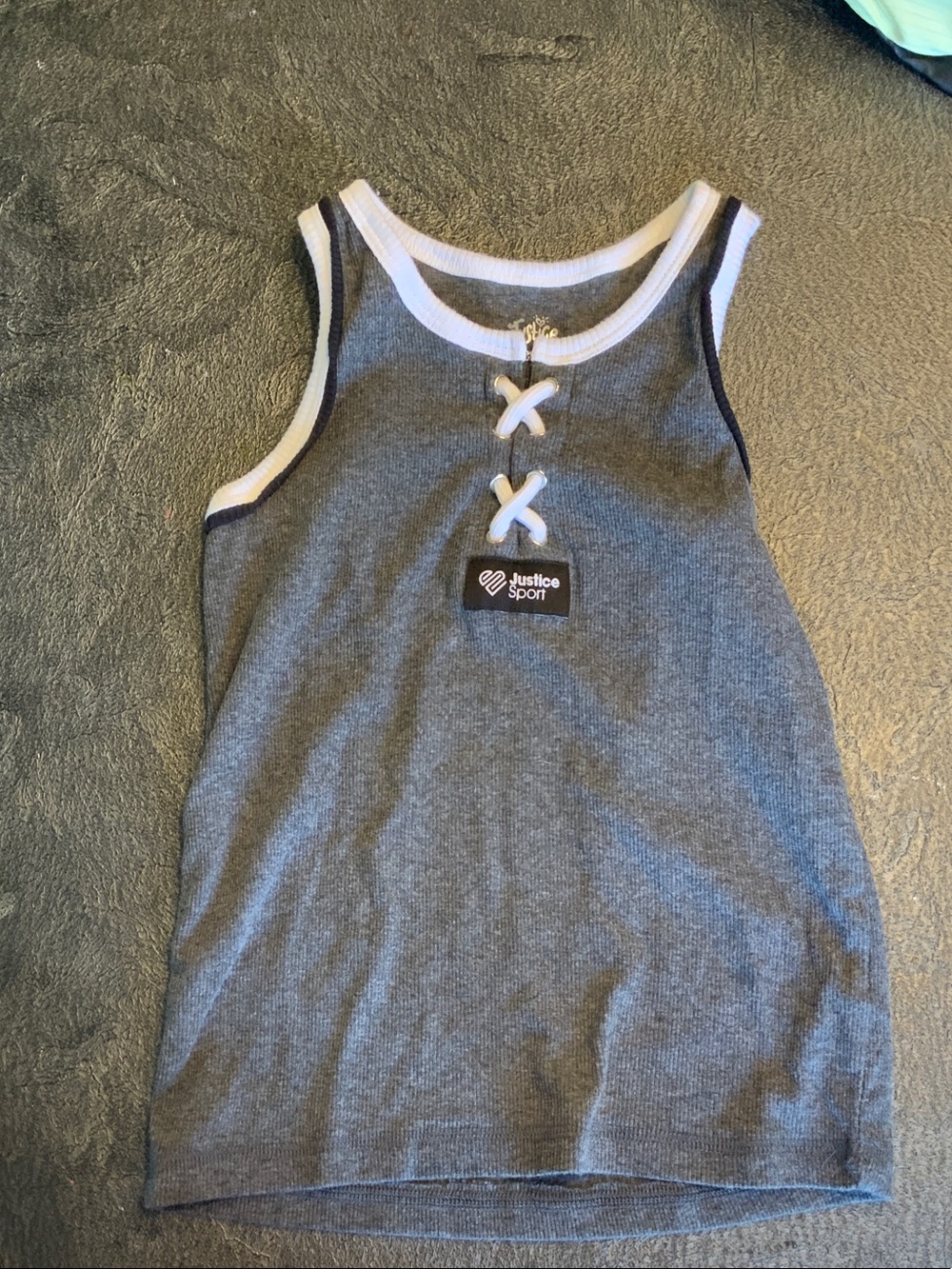 Justice Gray Tank Top with White Trim and Lace-Up Front